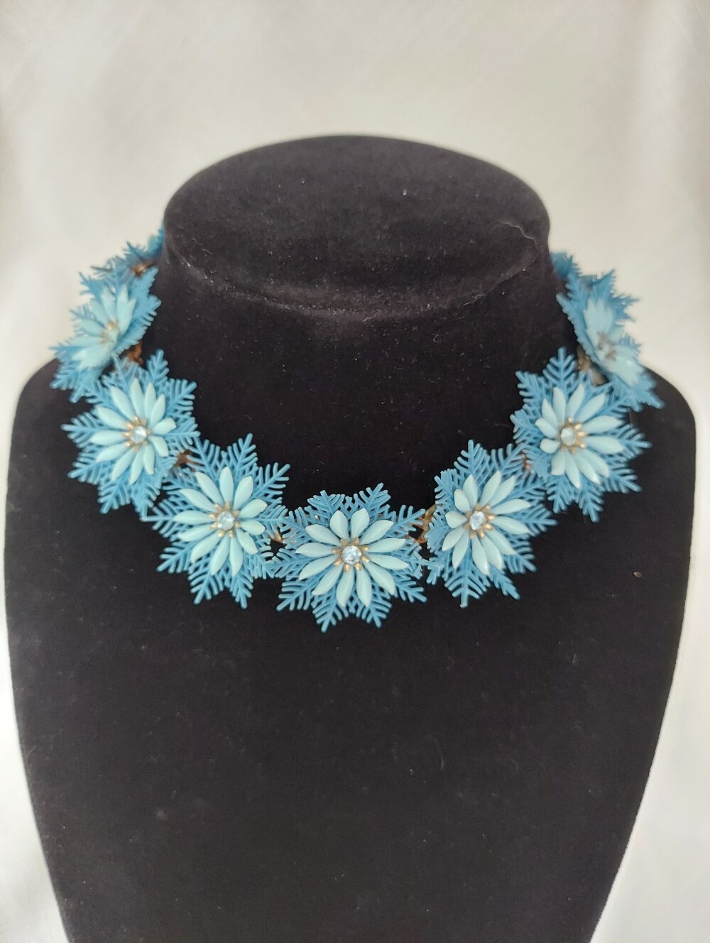 Coro Blue Flower Design Choker Signed 11" Length W/ 3 Bead Lead Rhinestones